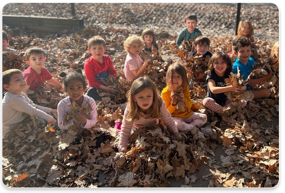 A group of children sitting in leaves on the ground.